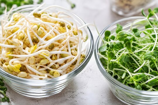 Fresh mung bean sprouts and green microgreens bowl