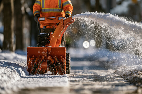Worker in high visibility jacket clearing snow from a sidewalk with an orange snowblower. Ideal for winter maintenance and municipal service campaigns.