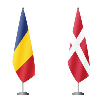 Romania and Denmark flags on flagpoles for official ceremonies and meetings, transparent background vector