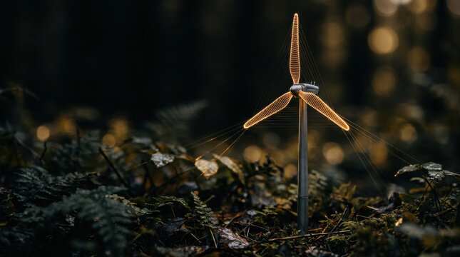 Glowing digital wireframe wind turbine model in dark forest representing smart grid renewable energy innovation and sustainable eco technology