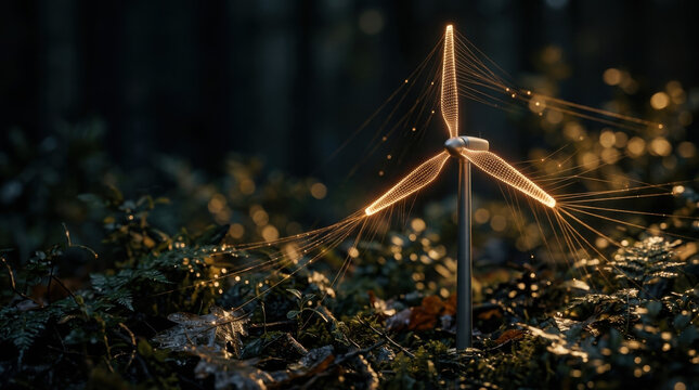 Connected digital wind turbine emitting glowing light trails in forest symbolizing global renewable energy network and smart power distribution