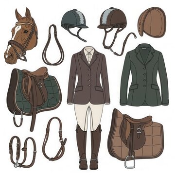 Equestrian Gear and Riding Apparel Flat Lay Illustration.