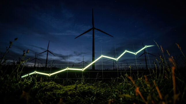 Green economy financial progress graph glowing over dark wind turbine field representing sustainable power sector profit and clean tech investment