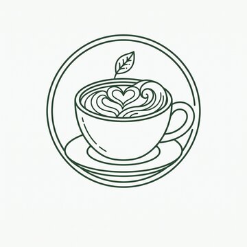 Minimalist Line Art Vector Emblem Featuring A Refreshing Cup Of Steaming Matcha Tea With Heart Latte Art Design For Organic Beverage Brand Identity