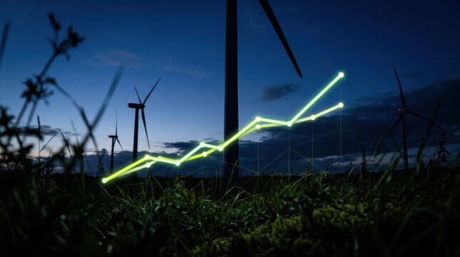Comparative renewable energy data analytics charts glowing in dark wind farm illustrating sustainable portfolio performance and market trends