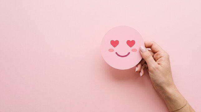 A person holds a circular pink card featuring an enamored emoji face with heart shaped eyes representing love and happiness