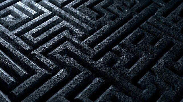 Complex dark maze pattern revealing intricate pathways, symbolizing confusion, challenges, and strategic problem solving for business concepts