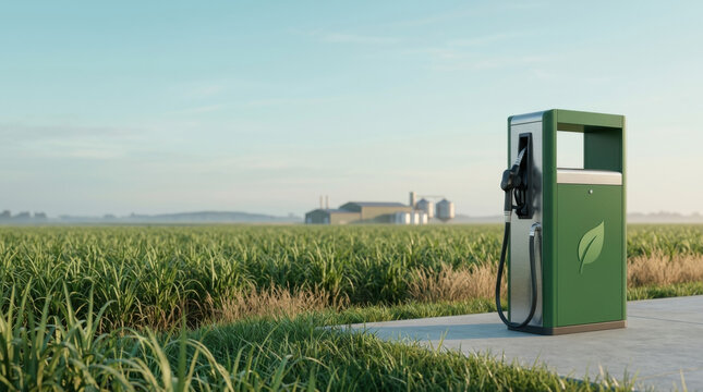 Sustainable agricultural bioenergy station standing in green crop field symbolizing rural renewable energy infrastructure and clean fuel production
