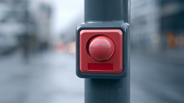 A close-up view reveals a vibrant red button set within a dark gray frame, showcasing a textured surface against a blurred urban backdrop, representing an emergency control