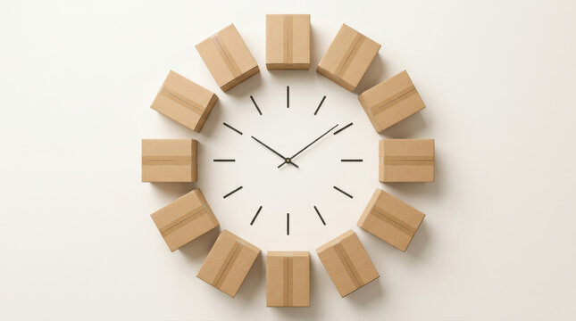 Express delivery logistics concept featuring cardboard boxes arranged as a clock face symbolizing fast shipping and supply chain efficiency