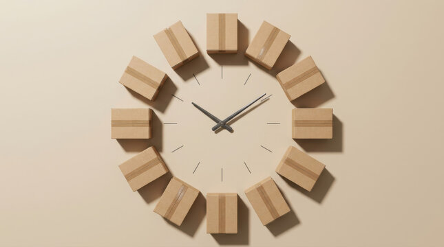 Cardboard delivery boxes forming a clock face representing fast shipping logistics and efficient order fulfillment schedule