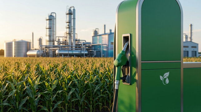 Green biofuel dispenser in corn field with industrial refinery background illustrating renewable agricultural ethanol production