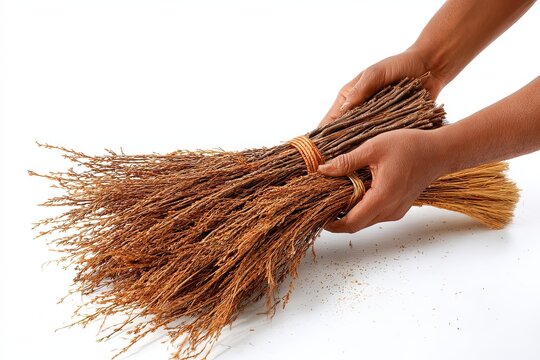 A pair of hands holds a rustic, handmade broom crafted from dried straw and twigs, ready for sweeping away debris.