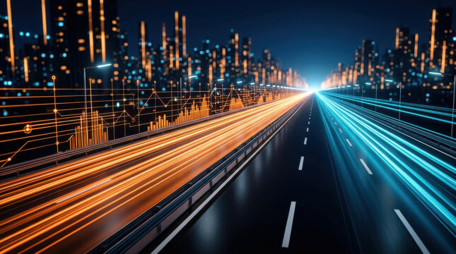 Futuristic smart city highway with glowing light trails and financial data graphs representing high speed digital economy