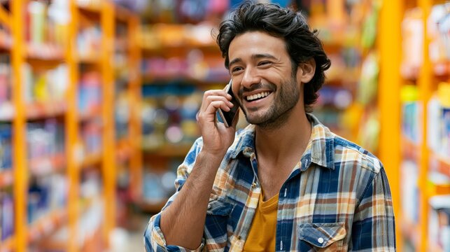 Smiling young man speaks cheerfully on a mobile phone while standing amongst bright orange shelving in a vibrant retail store environment, demonstrating connection