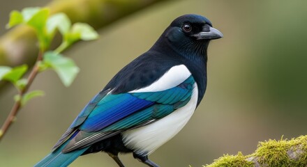 Naklejka premium Eurasian Magpie Perched on Mossy Branch in Forest.