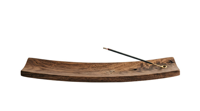 Wooden incense stick holder with smoke isolated on white background, ideal for wellness and meditation design projects, and creative projects, high quality visuals, modern branding needs