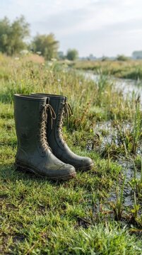 A pair of weathered muddy lace-up rubber boots resting in a lush green marshy meadow