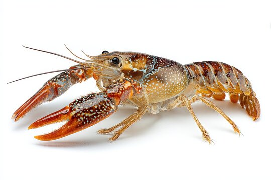 A detailed macro photograph showcases a single crayfish on a seamless white background, highlighting its intricate exoskeleton and prominent claws.