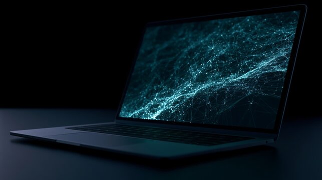 Opened laptop displaying flowing, abstract blue network data visualization, a futuristic concept for technology, innovation, and digital connectivity