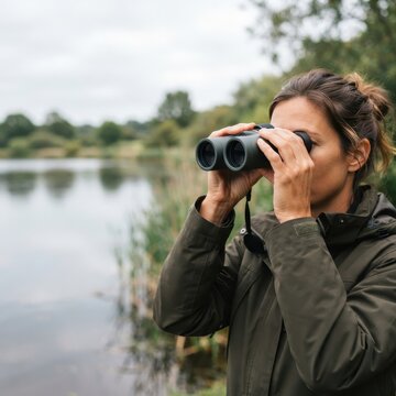 A woman observing nature with binoculars by a serene lakeside