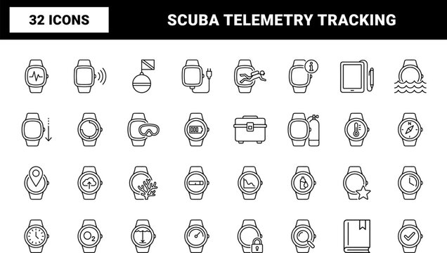 Dive Computer Dive Logging Web Icon Set in Linear Style. Collection of Scuba Tracker line icons, including telemetry, decompression, depth profile, navigation, sync, dive history.