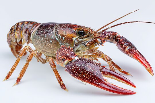 A close-up studio shot showcases a single, vibrant freshwater crayfish, highlighting its intricate details and ruby-red pincers against a clean, light background.