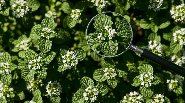 A magnifying glass closely inspects green mint leaves with tiny white flowers in a sunny garden. Ideal for botanical research and herbal medicine concepts.
