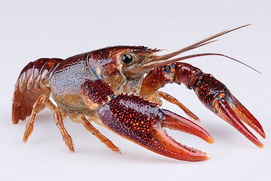 A vibrant red crayfish with prominent claws and antennae stands poised on a neutral surface, showcasing its aquatic form.