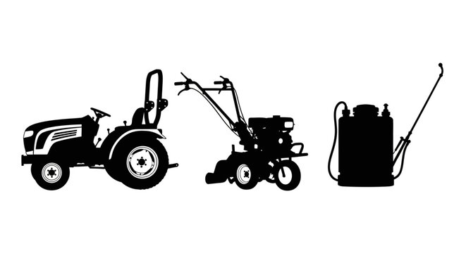 Silhouettes of gardening equipment on white background with silhouettes tractor tiller black silhouettes tiller sprayer maintenance agriculture