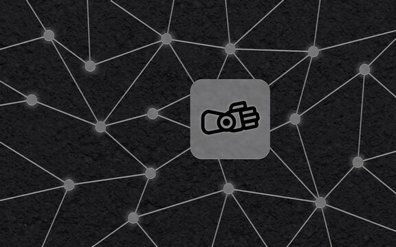 Prothesen-Symbol im grauen Kasten auf strukturiertem Hintergrund mit digitalem Netzwerk, symbolisiert moderne Medizintechnik und bionische Handprothesen in der Zukunft
