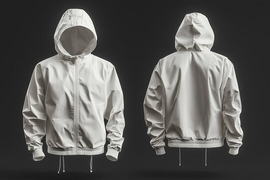 Blank windbreaker jacket displayed in front and back views on a white studio background, ideal for apparel design, sports branding, outdoor clothing, and merchandise.