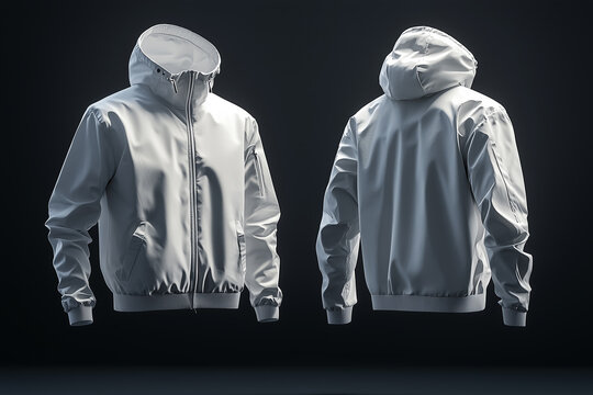 Blank windbreaker jacket shown from front and back on a plain white background, emphasizing its lightweight design for outdoor apparel, sportswear, and clothing branding.