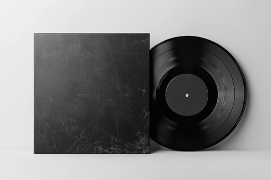 Black vinyl record partially peeking from a blank cover sleeve, presented as a clean mockup for album artwork, music branding, record packaging, and graphic design.