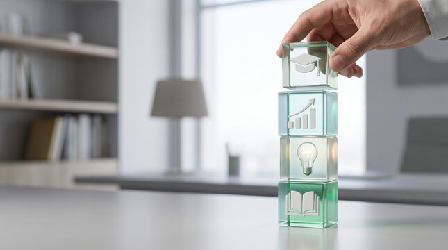 Continuous learning and professional growth strategy visualized by hand stacking clear glass cubes with knowledge icons