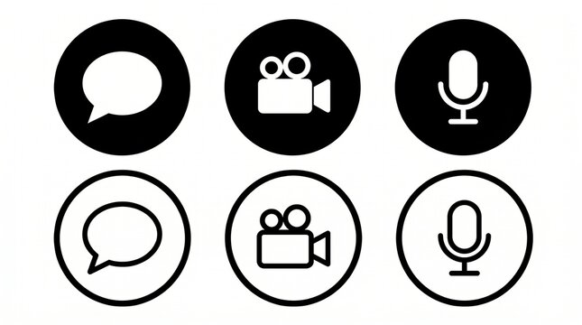 Communication media icons with speech bubble, video camera, microphone, filled and outlined styles graphic illustration design.