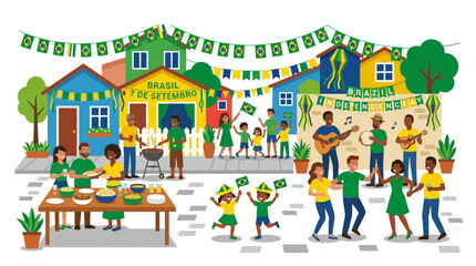 Naklejka premium Brazilian Independence Day Celebration: People dancing, music, BBQ, and colorful houses