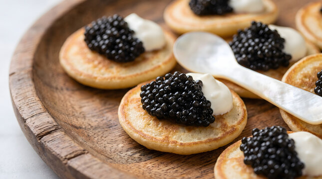 Gourmet appetizer of mini pancakes topped with premium black caviar and cream on a wooden plate
