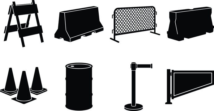 Traffic Barrier and Road Construction Safety Equipment Silhouette Icons Set for Security Design
