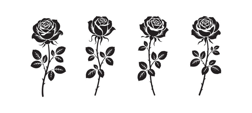 Long stem black rose silhouette vector bundle contains detailed thorny flowers with leaves for vintage romantic decor.