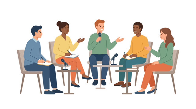Diverse group of people in a panel discussion, speaking and listening.