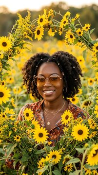 Joyful Woman Surrounded by Bright Sunflowers in Bloom.