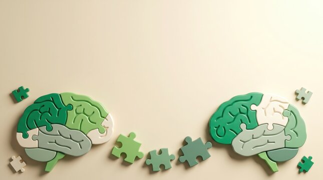 Two human brain shapes made of green puzzle pieces representing awareness and support for mental health