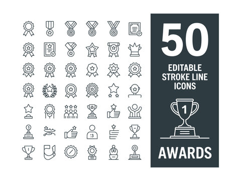 Awards icon set. containing badge, trophy, certificate, and more. Outline Icon Collection. Editable stroke. Vector illustration
