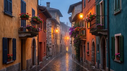 Fototapeta premium Narrow cobblestone street between colorful old buildings at dusk