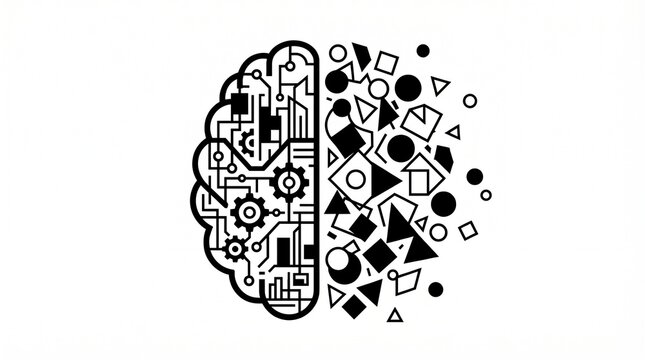 Creative vs logical brain illustration with gears circuits abstract art imagination technology graphic design.
