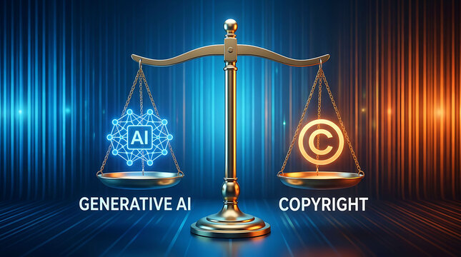 Generative AI copyright law balance scale legal technology concept image