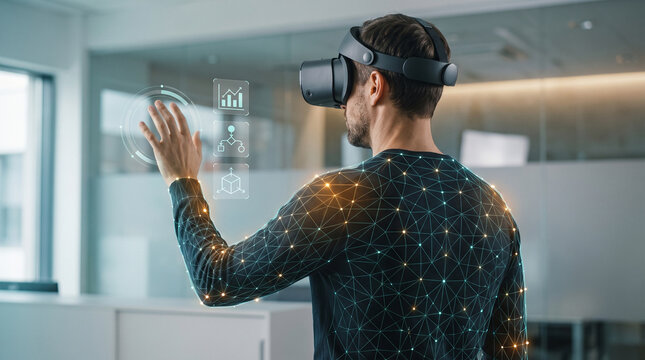 Enterprise metaverse workspace featuring professional using virtual reality headset to interact with holographic data analytics