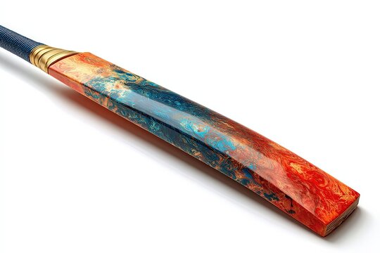 An artistic cricket bat showcasing a vibrant, marbled pattern of fiery reds, deep blues, and golden hues, resting on a clean white surface.