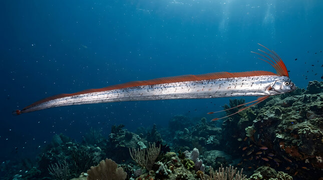 A rare oarfish swimming gracefully through the deep blue ocean water.
